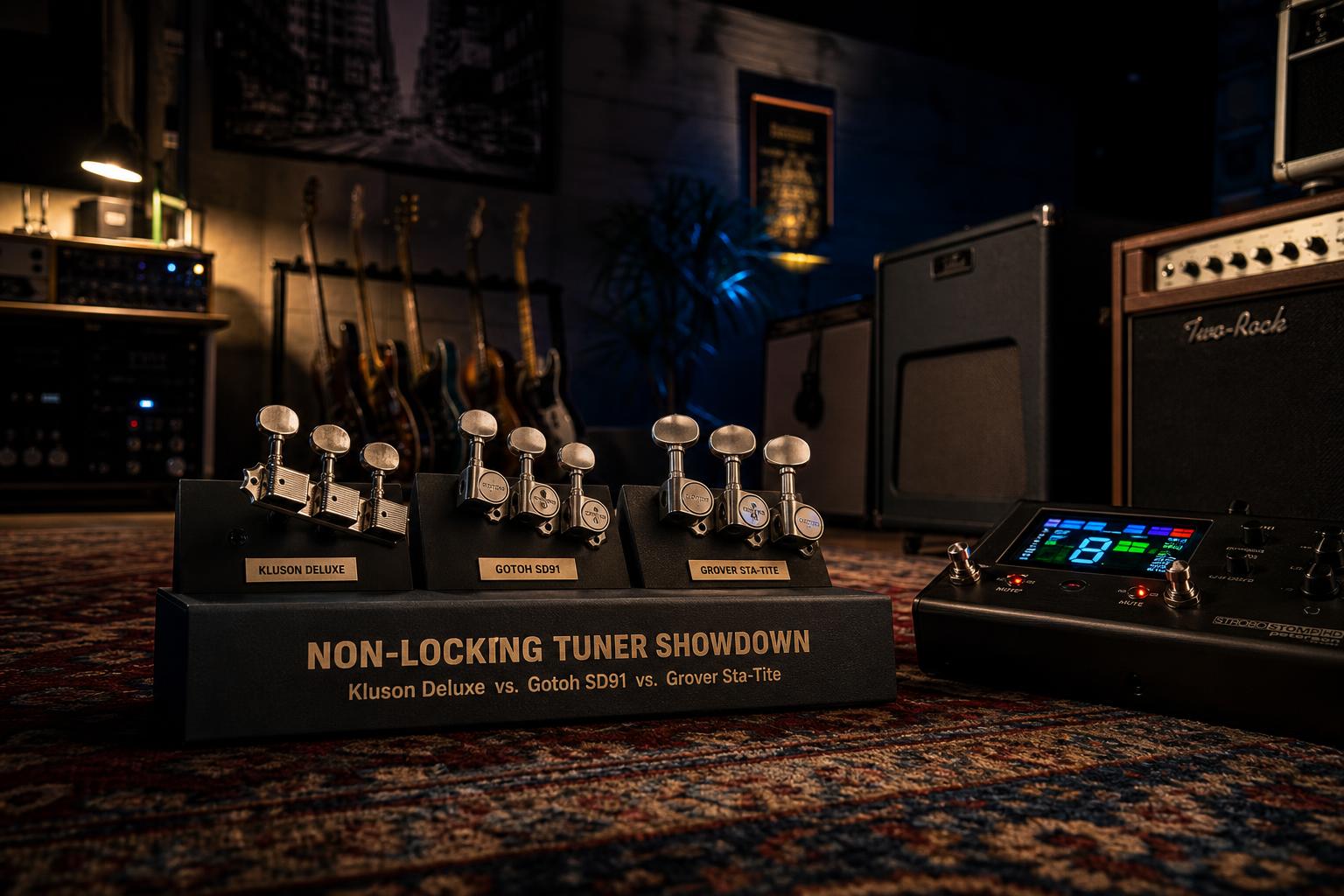a composition illustrating "Non-Locking Tuner Showdown: Kluson Deluxe vs. Gotoh SD91 vs. Grover Sta-Tite"