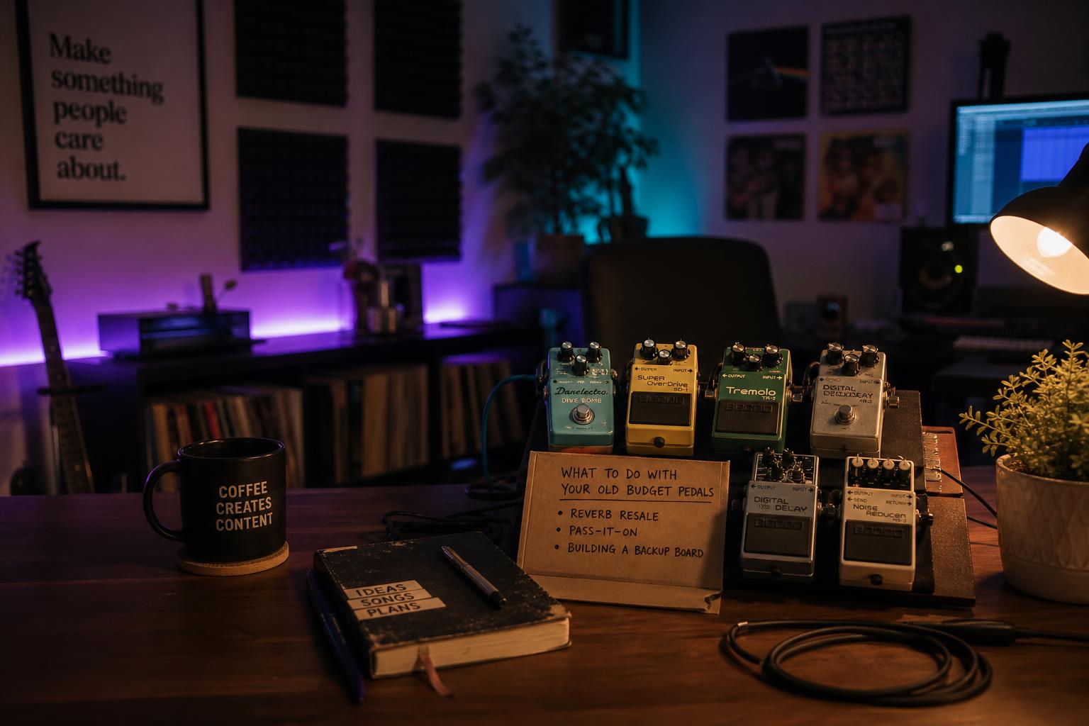 a composition illustrating "What to Do With Your Old Budget Pedals After You Upgrade: Reverb Resale