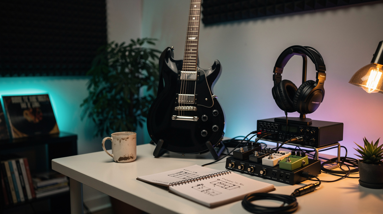 A single guitarist seated with an electric guitar and a small pedalboard, playing in a rehearsal space set up for a full band