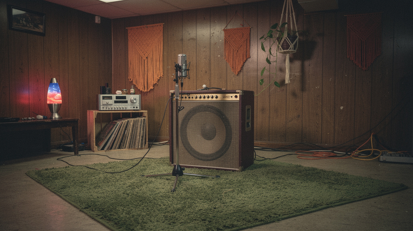 A single Shure SM57 dynamic microphone on a short stand pointed at the grille cloth of a guitar combo amplifier in a small home room