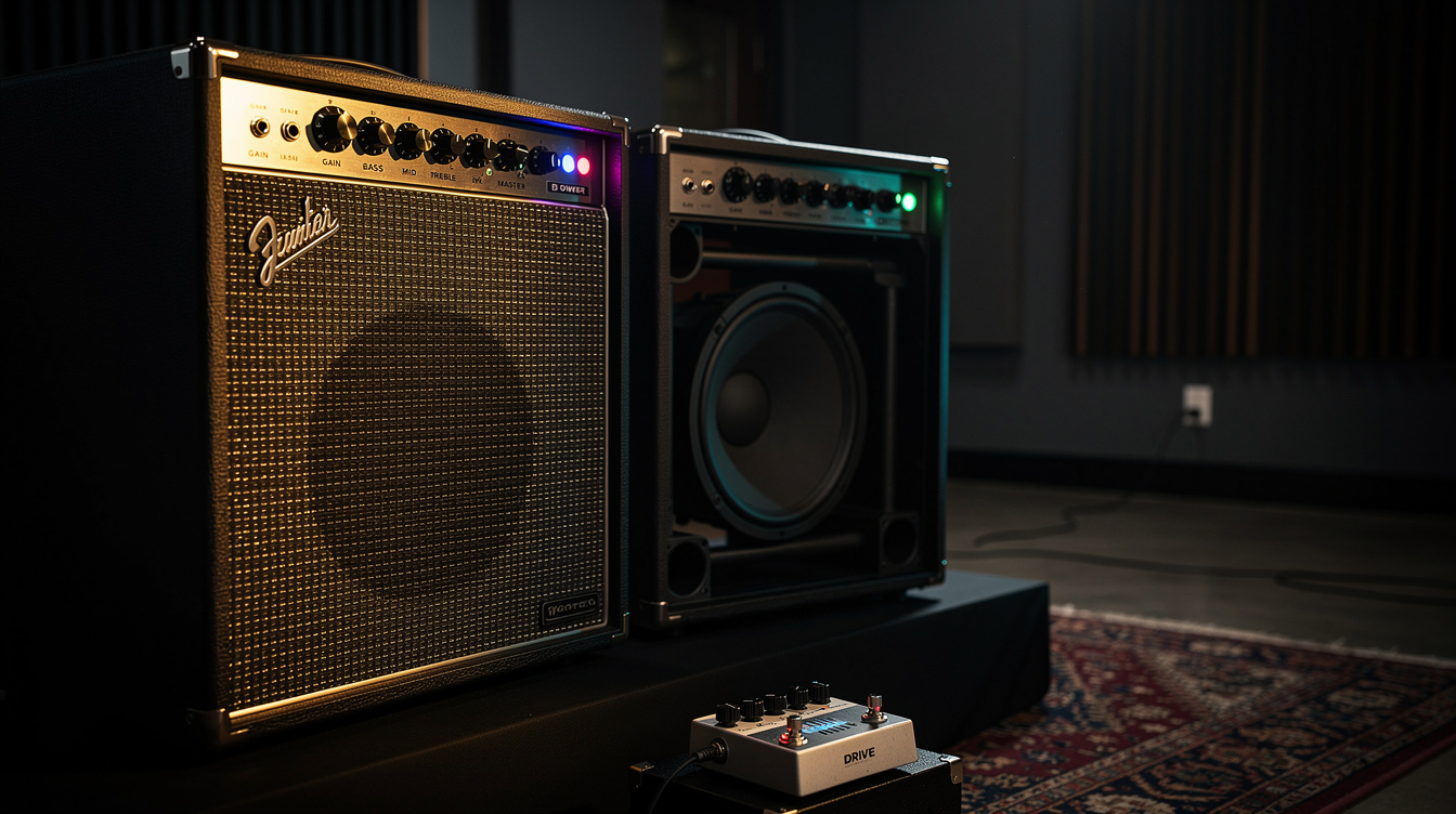 An open-back combo amp and a closed-back 4x12 cabinet side by side in a studio showing the difference in cabinet construction