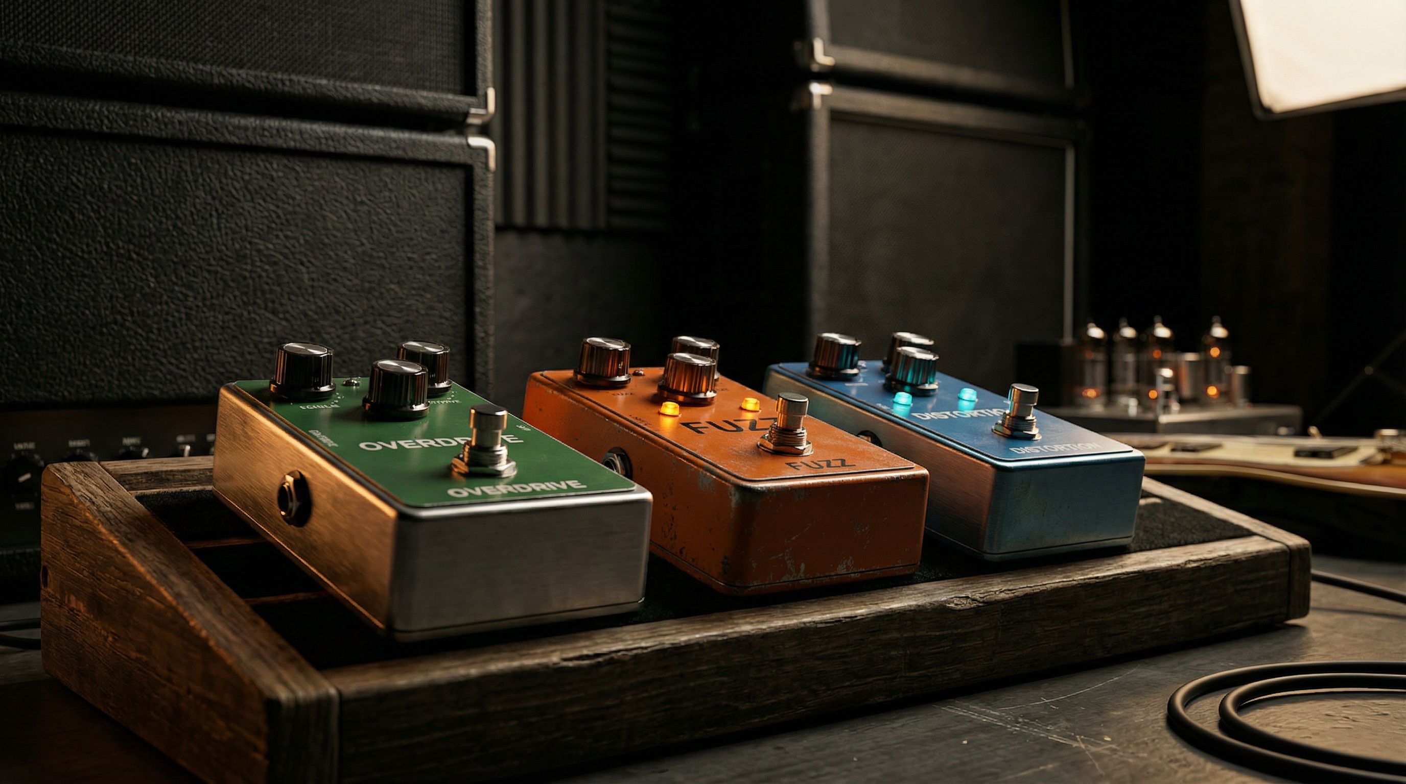 Guitar effects pedals on a pedalboard under blue stage lighting