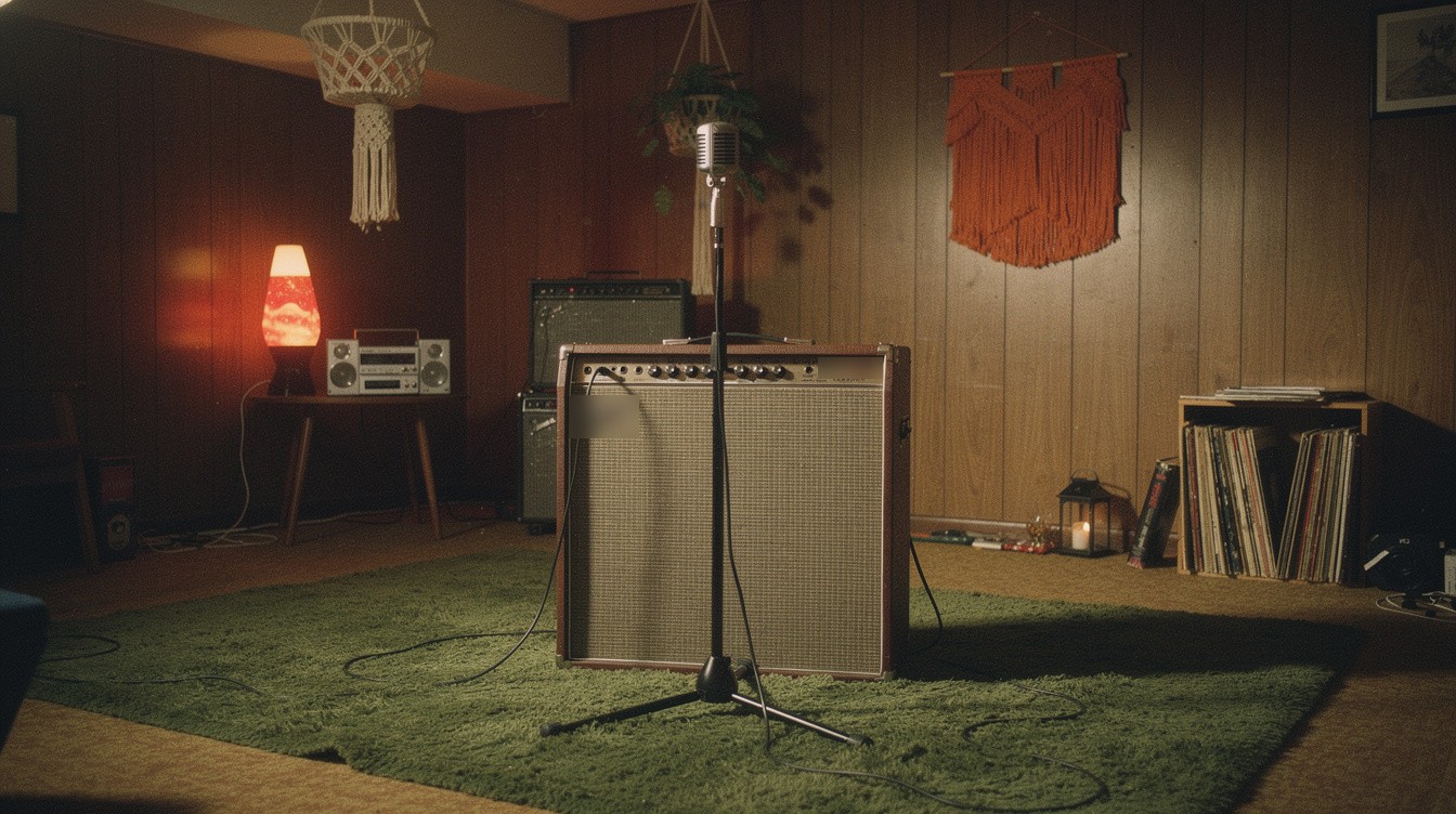 A vintage tan-grille combo amplifier with a microphone on a stand in a wood-paneled 1970s basement with a green shag rug, a lava lamp and shelves of records