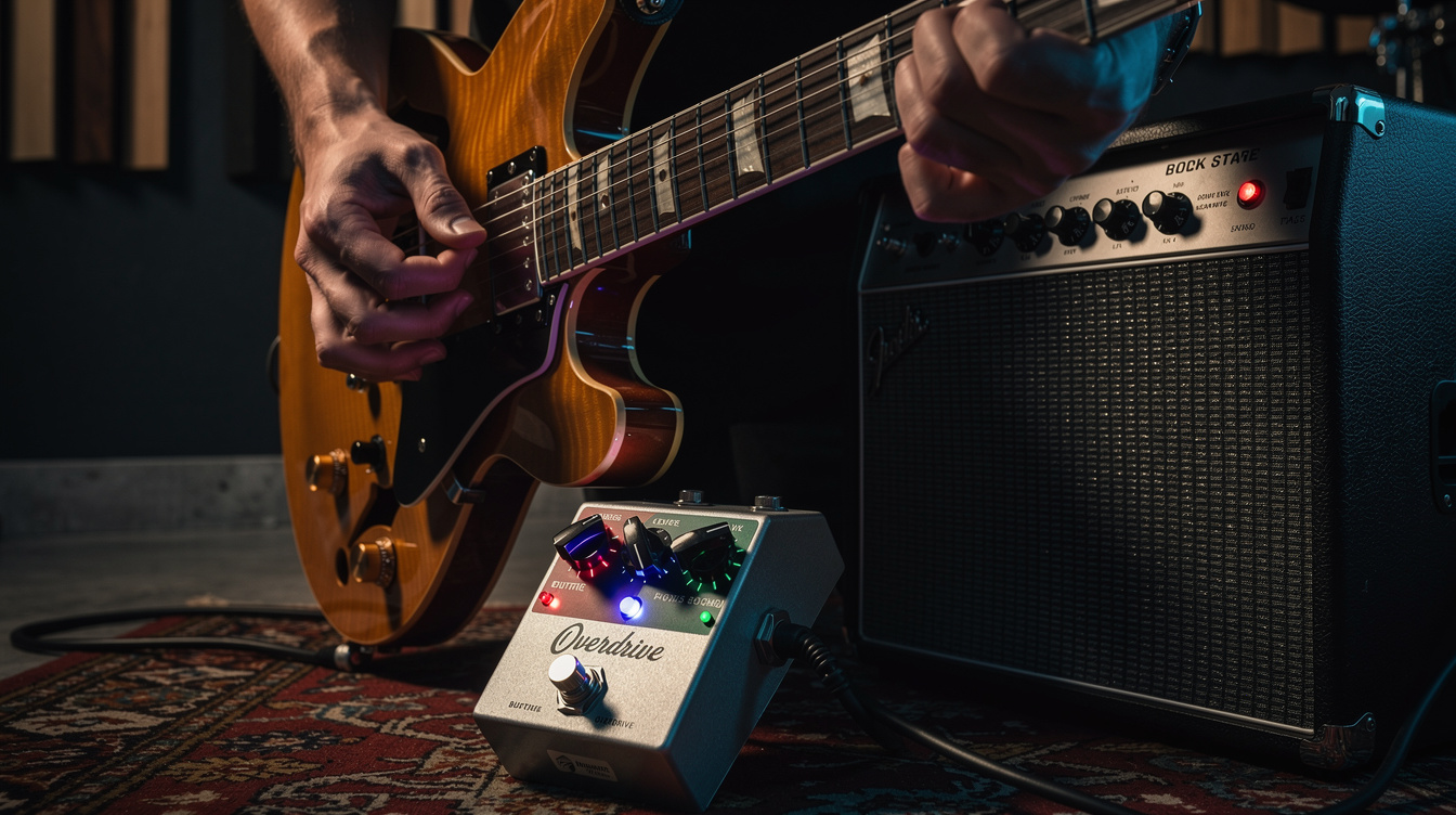 A close view of a picking hand poised over the end of the fretboard of an electric guitar, with the bridge and pickups visible behind it