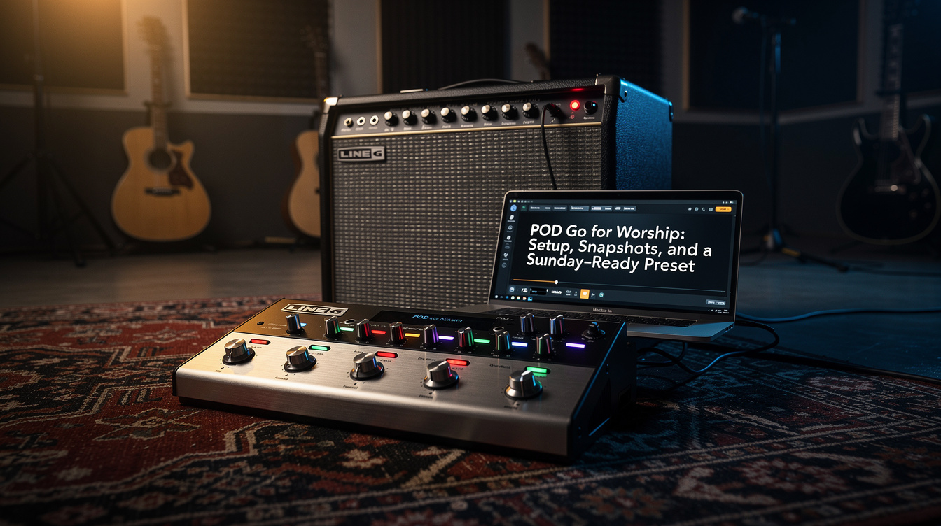 A Line 6 POD Go floor unit on a small worship stage, its footswitch snapshot labels lit, positioned in front of a darkened church platform