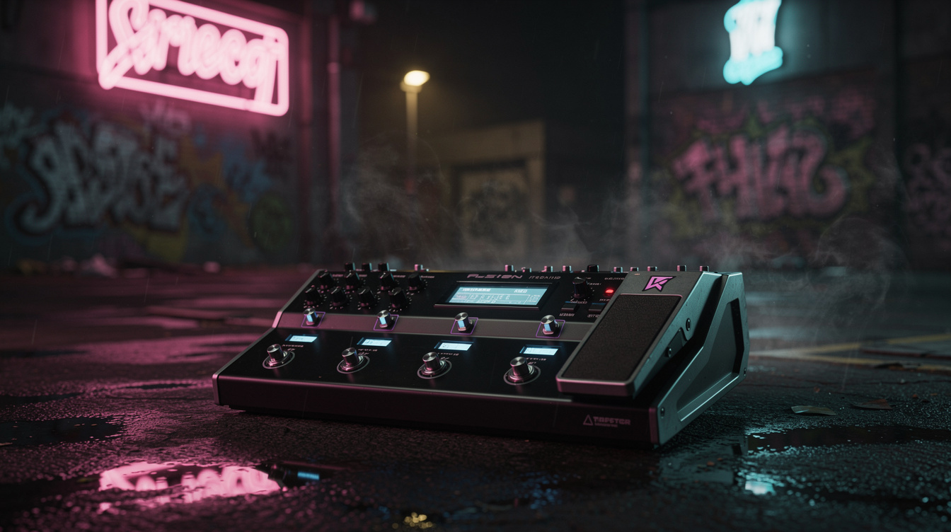 An unbranded floor multi-effects unit with four footswitches and an expression pedal sitting on wet pavement at night, lit magenta and cyan by neon signs above a graffitied wall