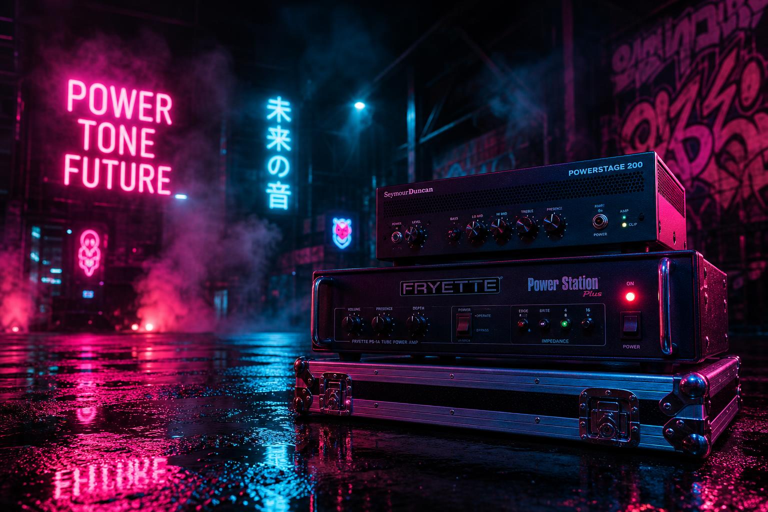 a composition illustrating "Seymour Duncan PowerStage 200 vs. Fryette Power Station Plus: Class D vs. Tube Power Amp for Modeler Rigs"