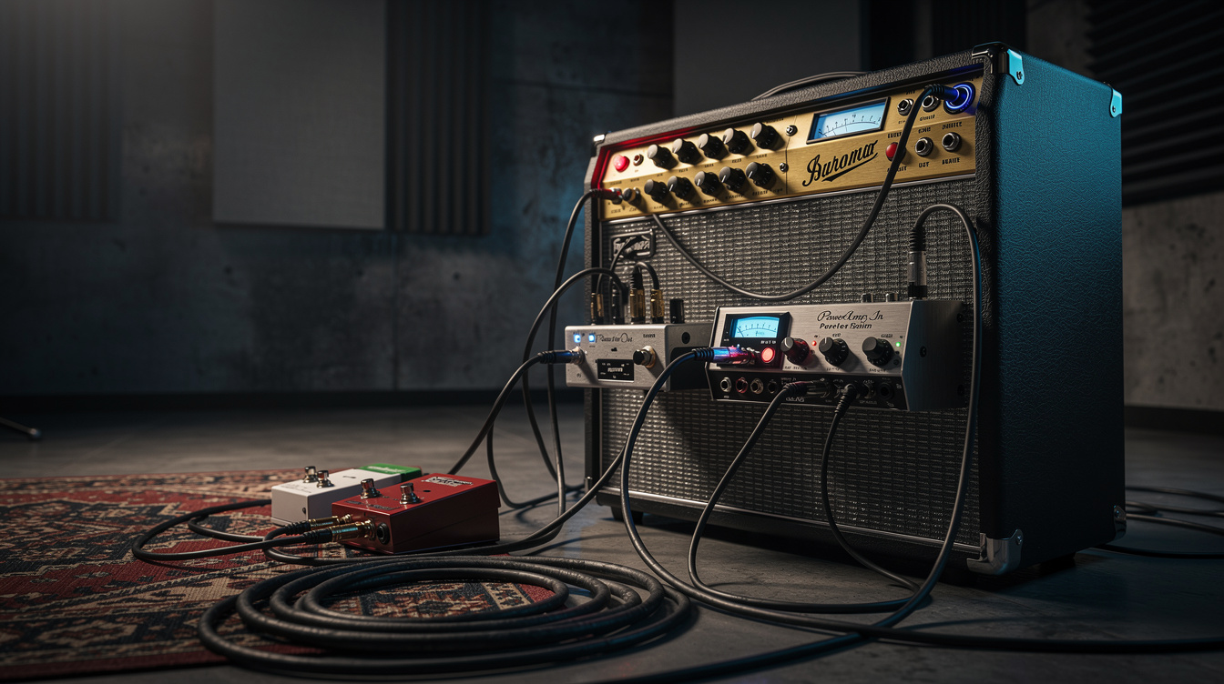 The back panel of a vintage tube amplifier showing separate Preamp Out and Power Amp In jacks beside the effects loop send and return jacks