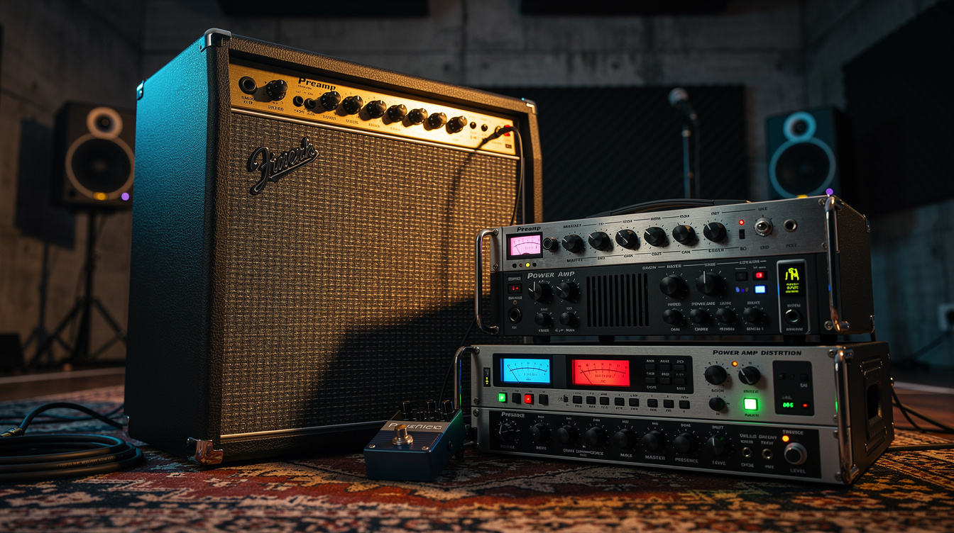 A vintage tweed combo and a master-volume amp head side by side on a tech's bench, front panels lit to show their preamp and power-tube sections