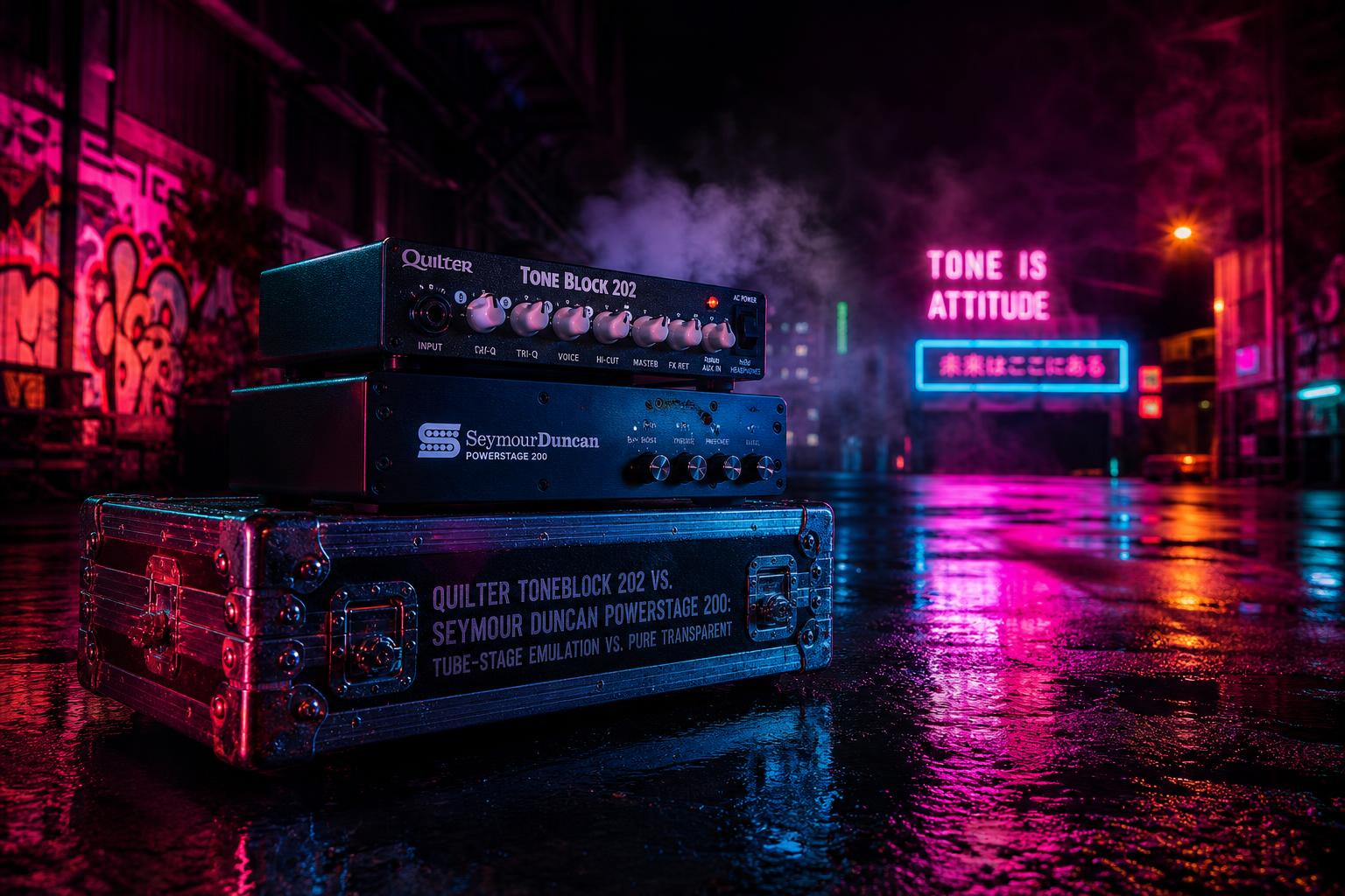 a composition illustrating "Quilter ToneBlock 202 vs. Seymour Duncan PowerStage 200: Tube-Stage Emulation vs. Pure Transparent"