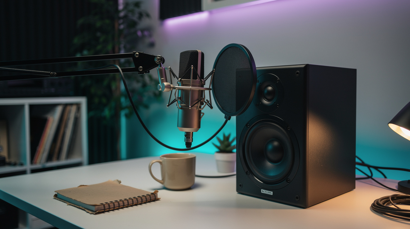 A bedroom recording desk lit in teal and purple, a condenser microphone on a boom arm with a pop filter beside a studio monitor, notebook and cable coil on the desktop