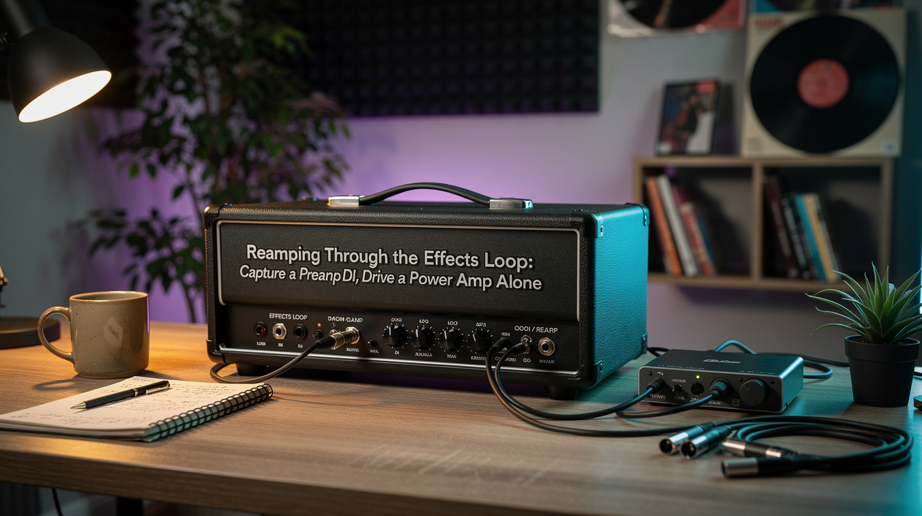 The back panel of a tube amp showing the effects loop Send jack routed to an audio interface and the Return jack fed from a reamp box, illustrating a preamp DI and power-amp reamp setup