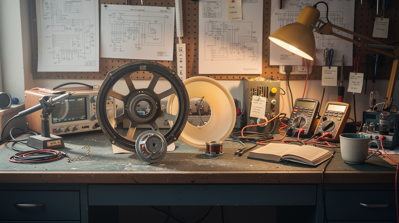 A vintage guitar speaker frame with its cone removed on a workbench beside a new paper cone, spider and voice coil, under warm shop light