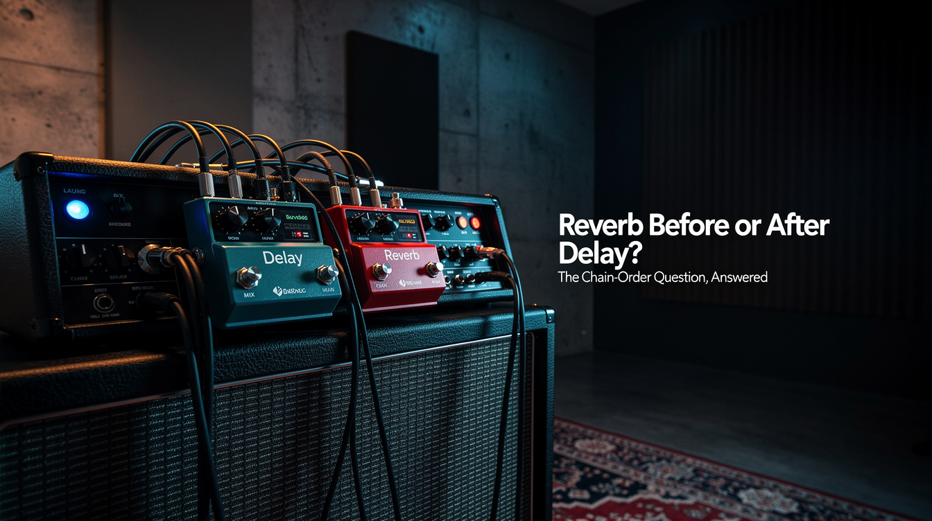 A pedalboard close-up showing a delay pedal and a reverb pedal connected in series with a patch cable between them