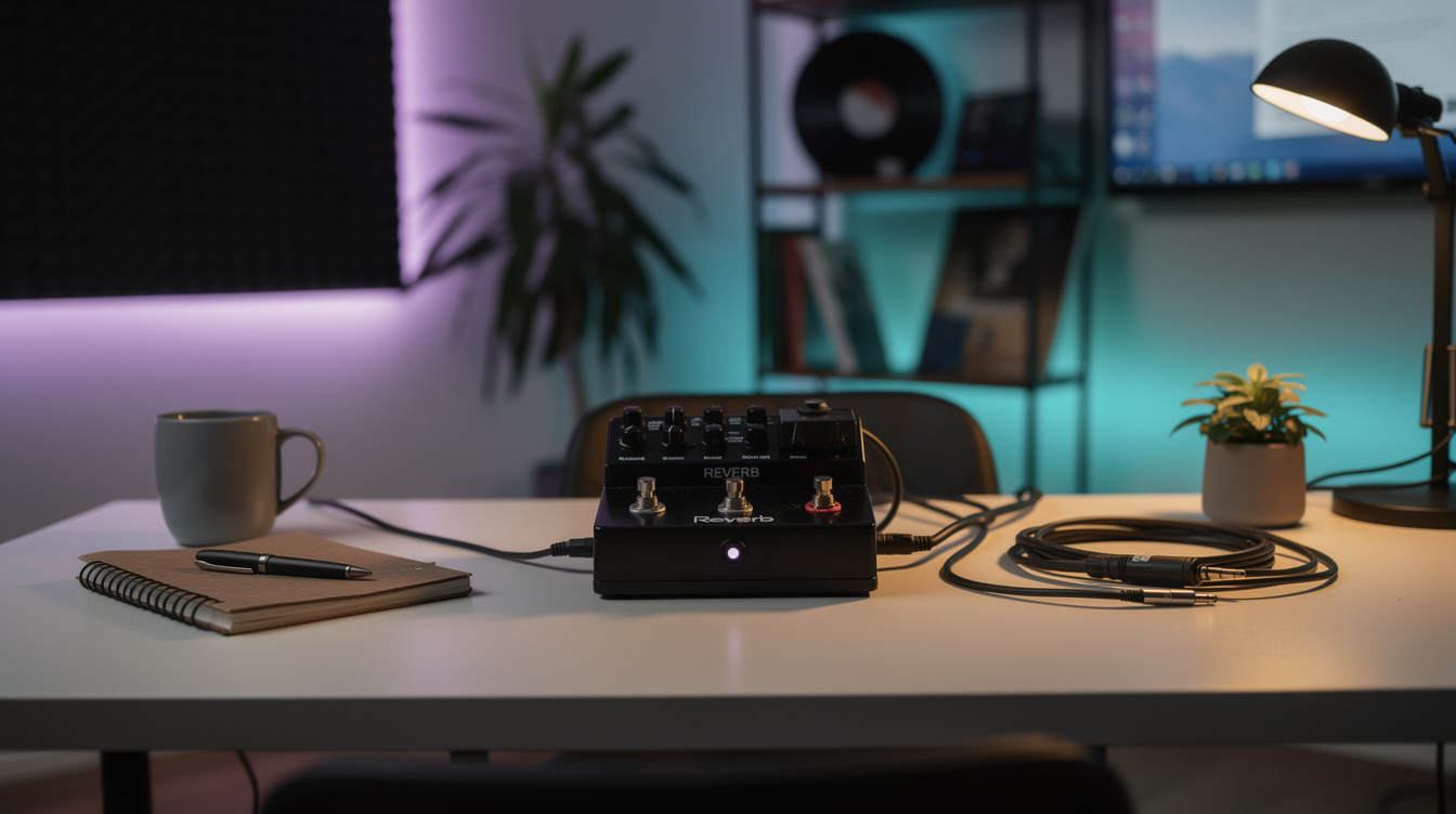 A reverb pedal on a white desk in a home studio, patch cables coiled beside it, a notebook and a monitor in the background under coloured lighting
