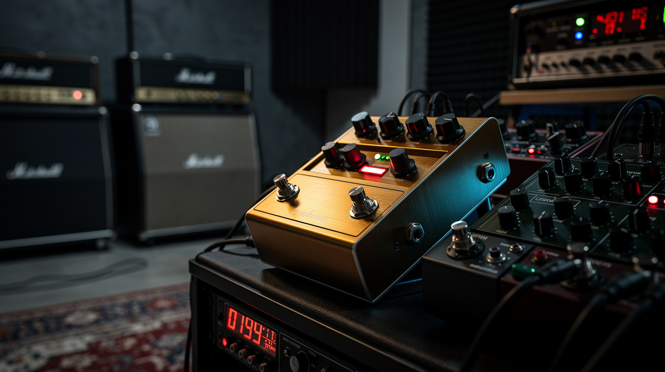 A reverb pedal on a dim pedalboard with the decay control turned up, a guitar and amp visible behind it in a dark room