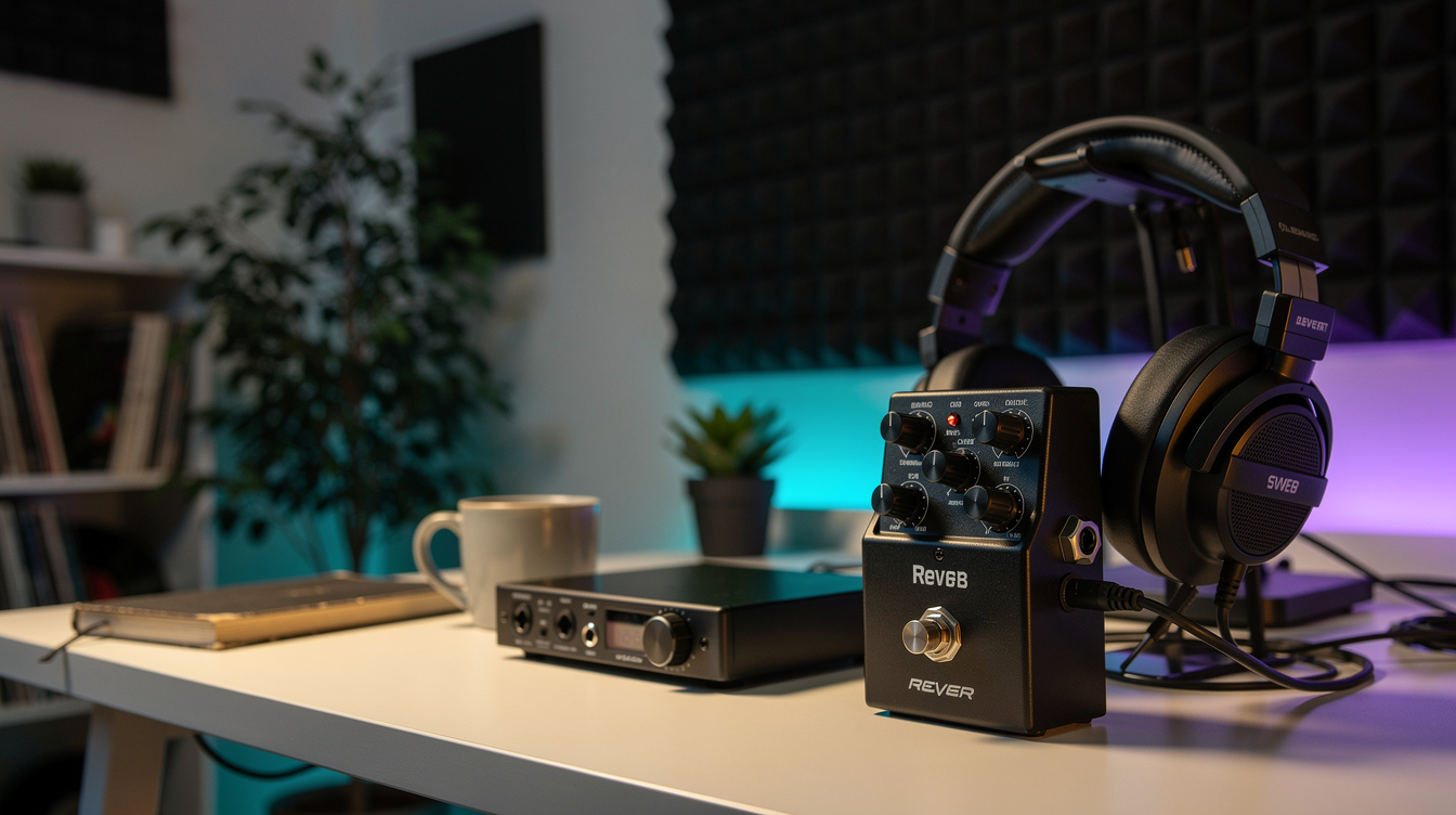 A reverb pedal and audio interface on a bedroom desk lit by a monitor, headphones resting beside a guitar cable, late-night studio setup