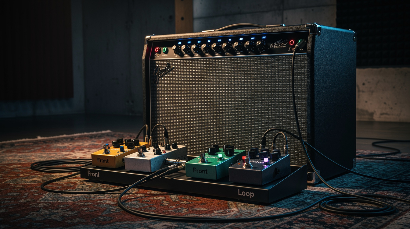 A reverb pedal connected to the effects loop send and return jacks on the back of a tube amp, with a second cable running to the front input