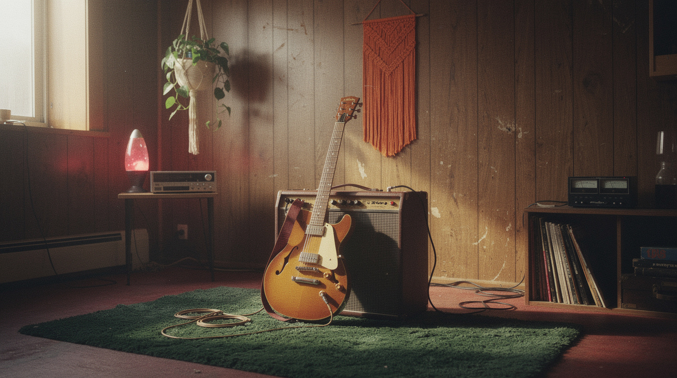 A butterscotch Telecaster leaning against a small combo amp on a quiet church stage, one cable, no pedalboard, morning light through a window