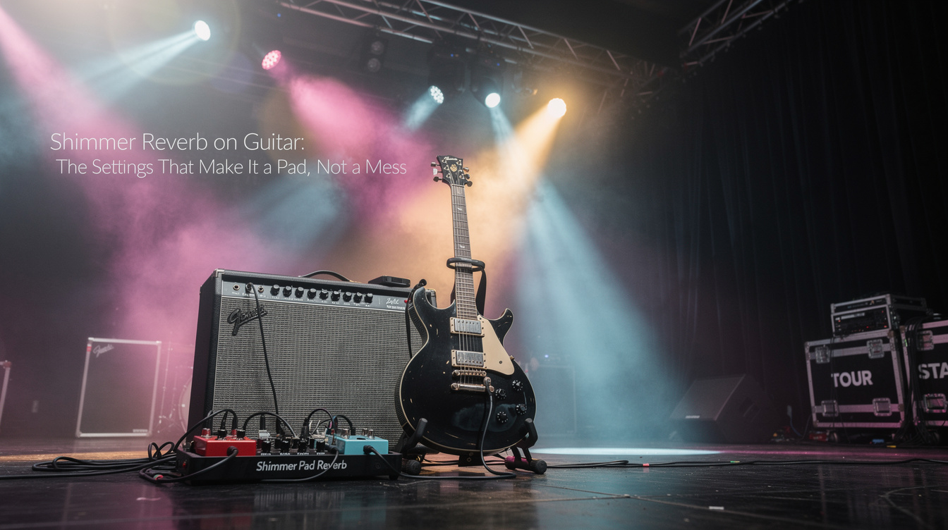 A modeler reverb and pitch block screen set up for shimmer — a long reverb tail with an octave-up pitch voice feeding into it, rendered as a slow upward bloom of light behind a held guitar chord
