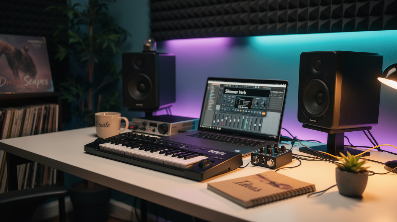 A laptop running a DAW with a pitch-shifter and a free reverb plugin open, next to a small budget reverb pedal, with a slow upward bloom of light behind a held guitar chord