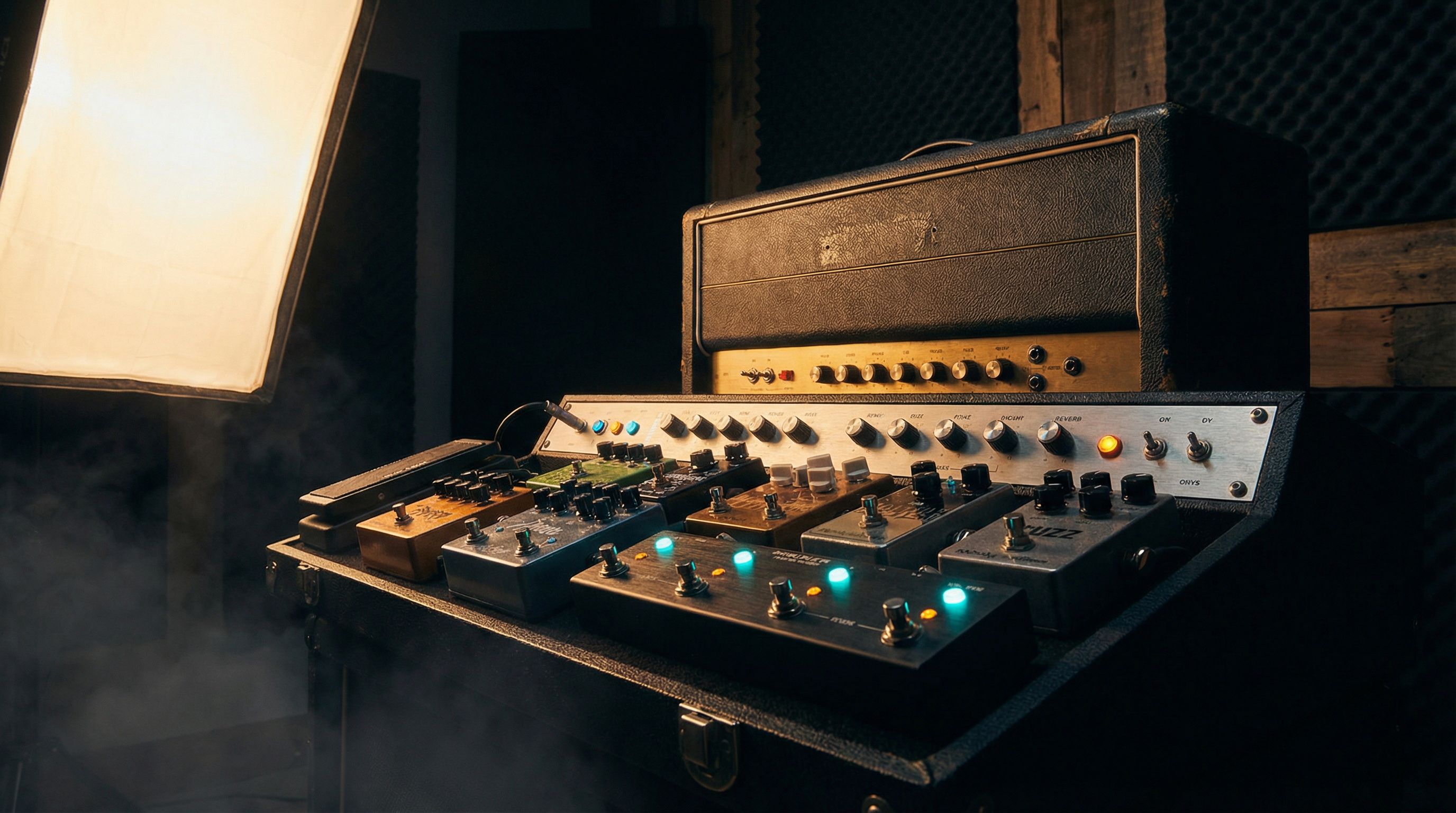 Heavy electric guitar with fuzz pedals and reverb in a dim recording studio — The Great Dismal tone aesthetic