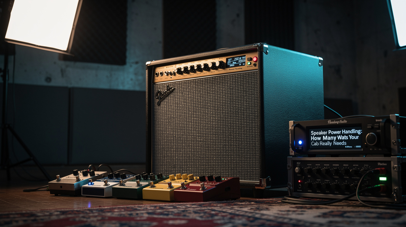 A guitar speaker basket showing its power-handling rating label next to an amp head, illustrating how to match speaker watts to amp watts
