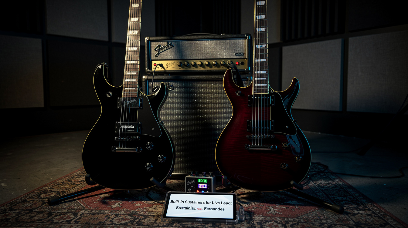 A guitar with a sustainer driver installed in the neck pickup position, a battery cavity, and a mode toggle switch, set up for live lead playing