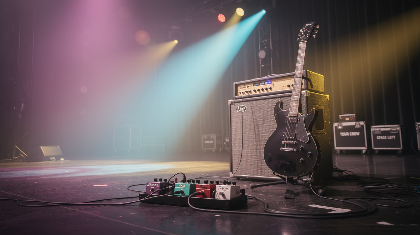 A guitarist's pedalboard and modeler set up to hold a sustained chord as a pad — a freeze pedal latched on and a looped chord glowing behind a single held guitar note, standing in for a missing keyboard