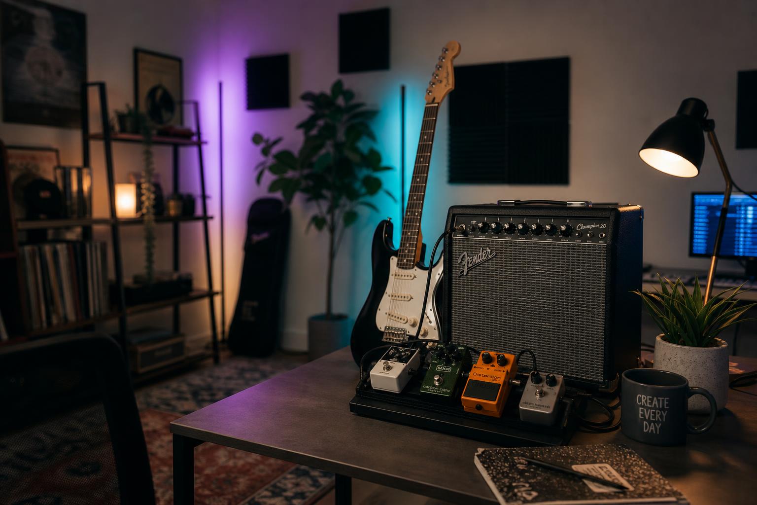 a complete first electric guitar rig for a teenager — Squier-style guitar, small modeling amp, cable and clip-on tuner laid out at the $500 budget tier