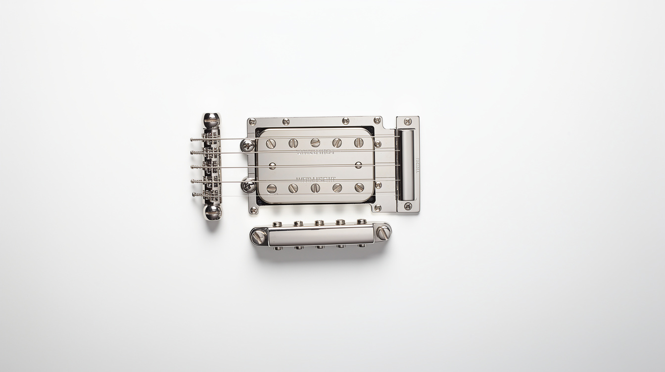 A top-down view of a nickel-covered humbucker, bridge and stop tailpiece on a guitar, strings crossing the pole pieces, shot against a plain white backdrop