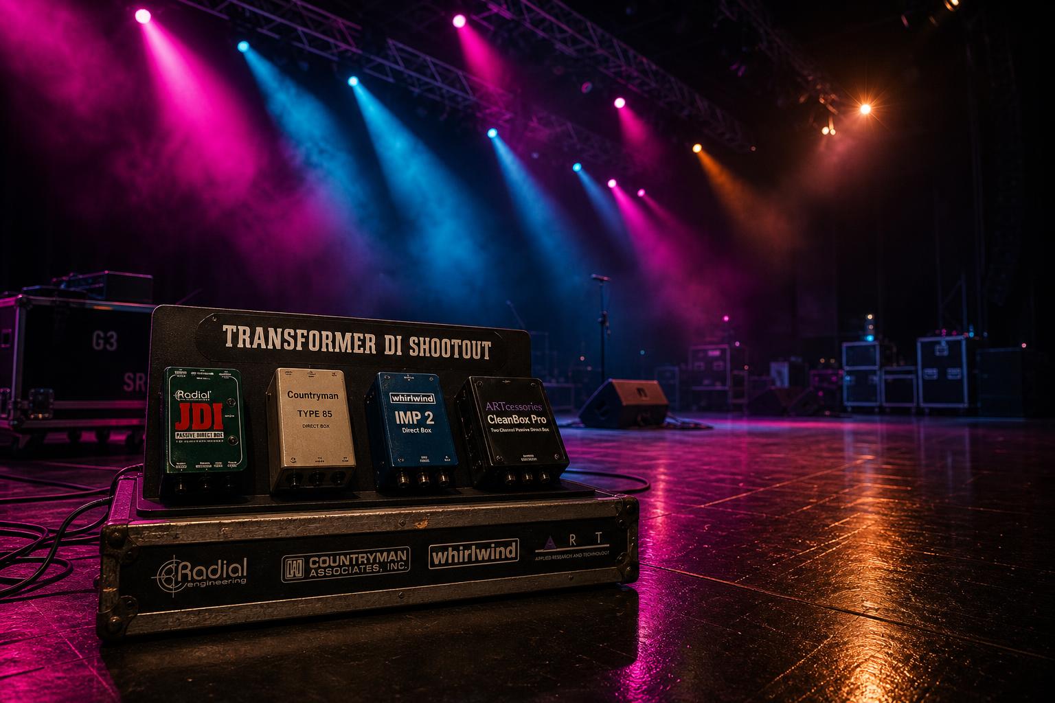 a composition illustrating "Transformer DI Shootout: Radial JDI vs. Countryman Type 85 vs. Whirlwind IMP 2 vs. ART CleanBox Pro"