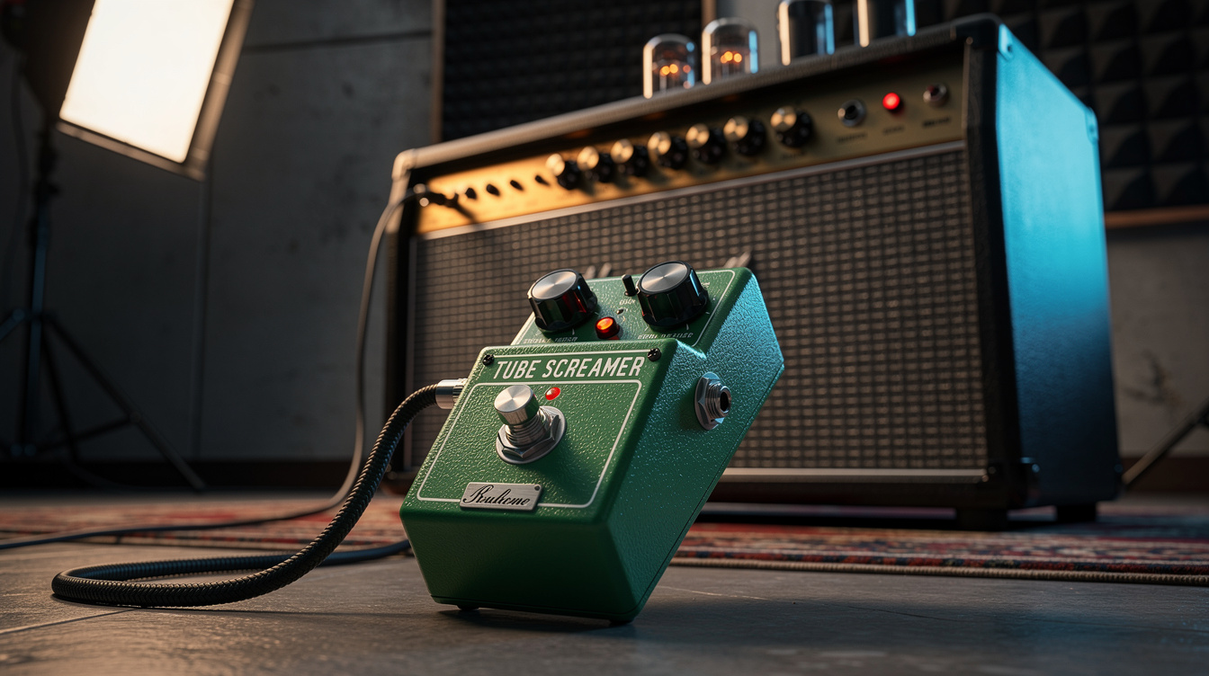 A Tube Screamer overdrive pedal in front of a tube amplifier head, showing the signal path from pedal into the amp's preamp input