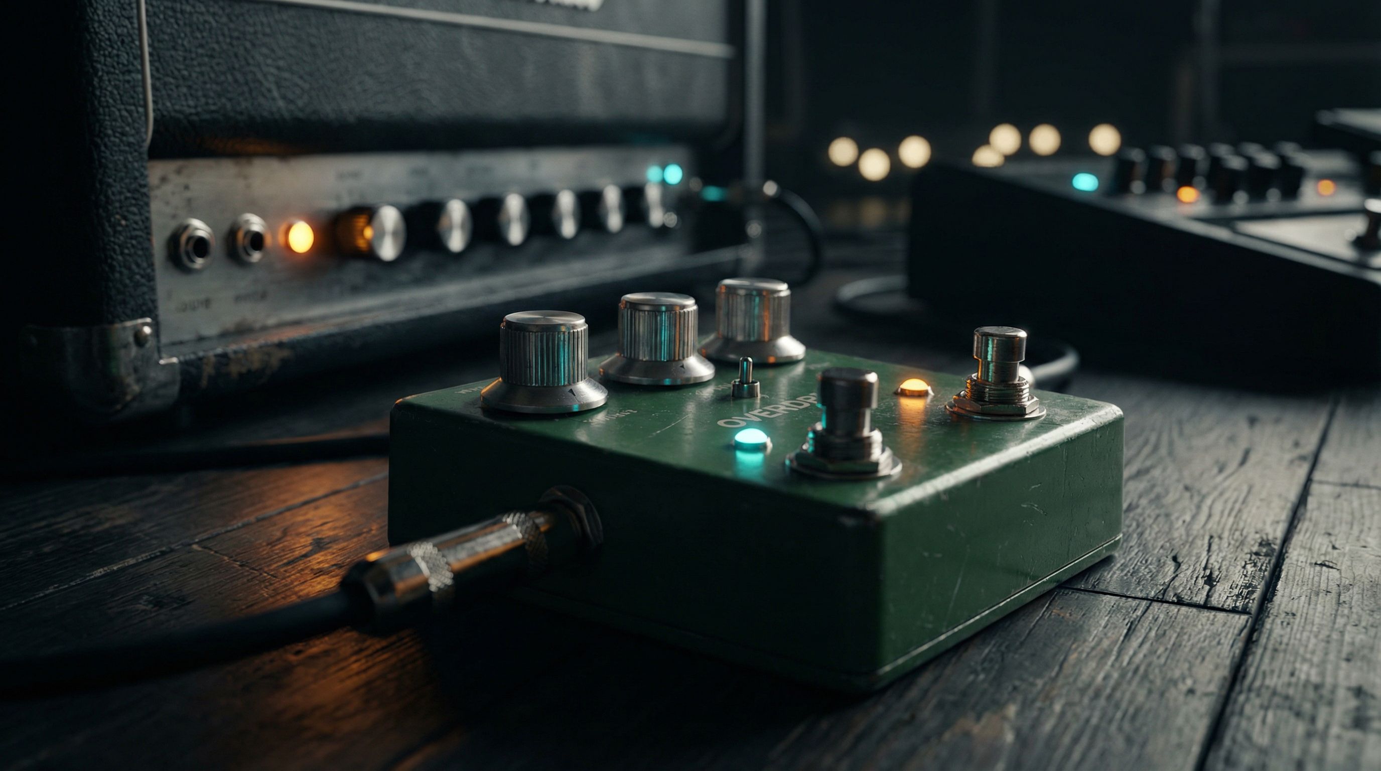 Guitar effects pedal sitting on top of an amplifier