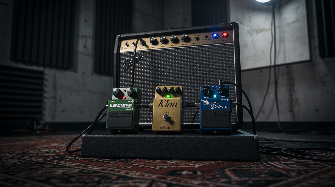 a composition illustrating "Tube Screamer vs. Klon vs. Blues Driver"