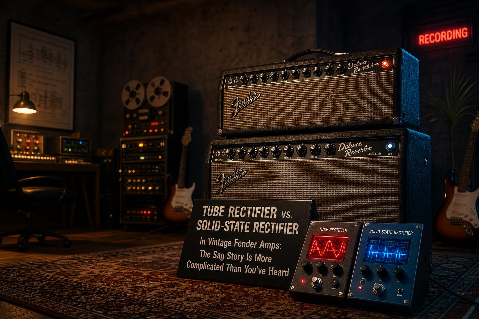 a composition illustrating "Tube Rectifier vs. Solid-State Rectifier in Vintage Fender Amps: The Sag Story Is More Complicated Than You've Heard"
