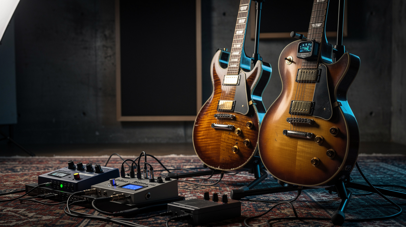 Two electric guitars on stands side by side in a rehearsal room with a clip-on tuner attached to one headstock and a tuner pedal on the floor