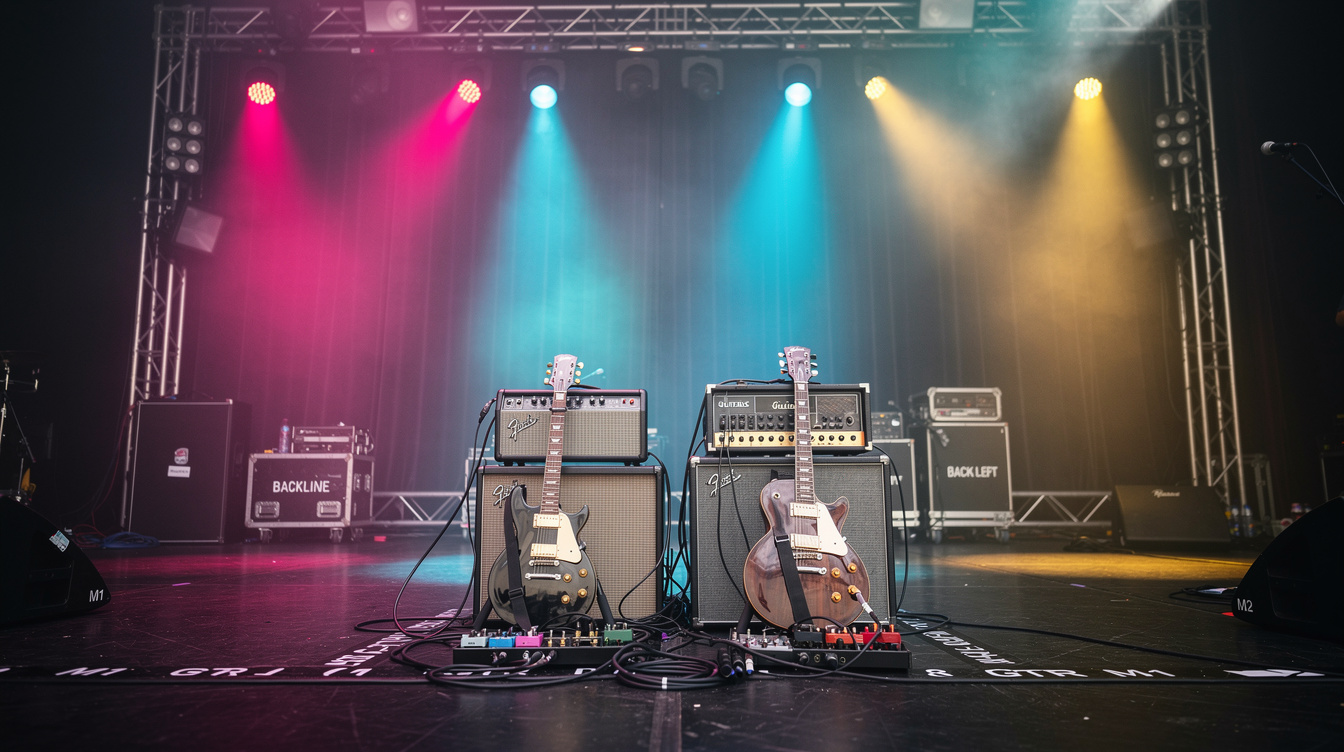 Two electric guitarists on a stage playing at the same time, one with a capo high on the neck and the other in open position