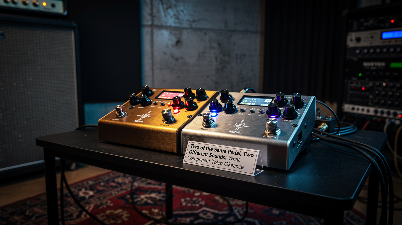 Two identical overdrive pedals side by side on a workbench with the backplates removed, showing their circuit boards and potentiometers