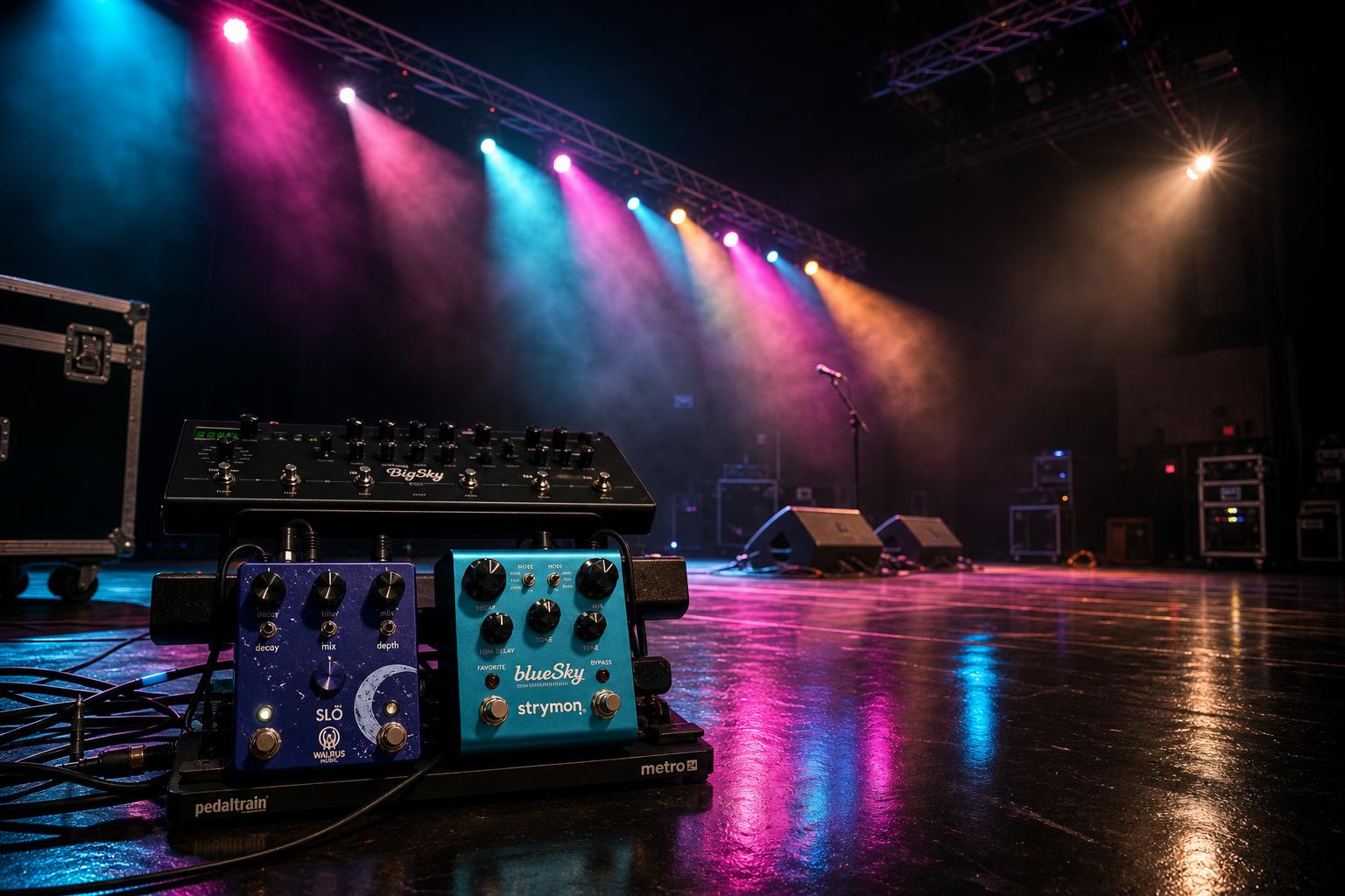 a composition illustrating "Walrus Audio Slö vs. Strymon BlueSky: Which Smaller Reverb Replaces the BigSky on a Worship Board?"