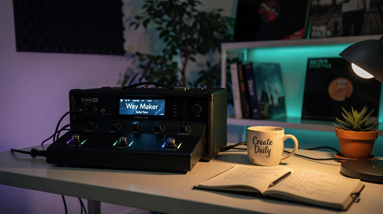 A Stratocaster running into a Helix on a clean desk, a delay time readout showing 661 milliseconds glowing on the screen