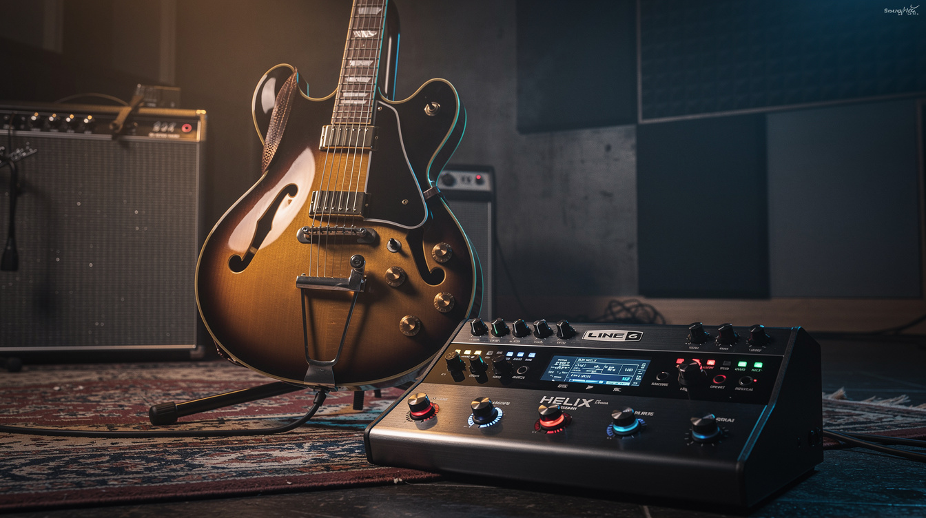 A hollowbody guitar running into a Line 6 Helix on a church stage, a delay readout glowing 331 milliseconds beside an amber-lit Vox-style amp