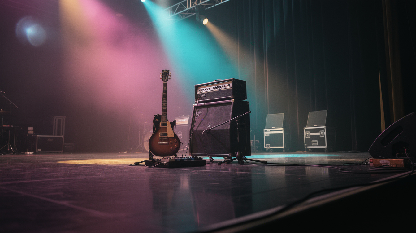 An empty stage lit in teal and magenta haze, with a sunburst electric guitar on a stand, an amp head sitting on a cabinet, a pedalboard on the floor and two wedge monitors facing the platform