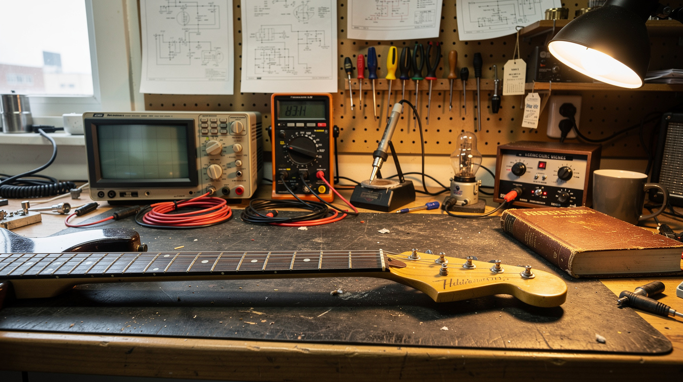 An electric guitar neck and headstock lying on a repair bench beside a multimeter, an oscilloscope and a soldering iron, with screwdrivers and circuit diagrams on the pegboard behind
