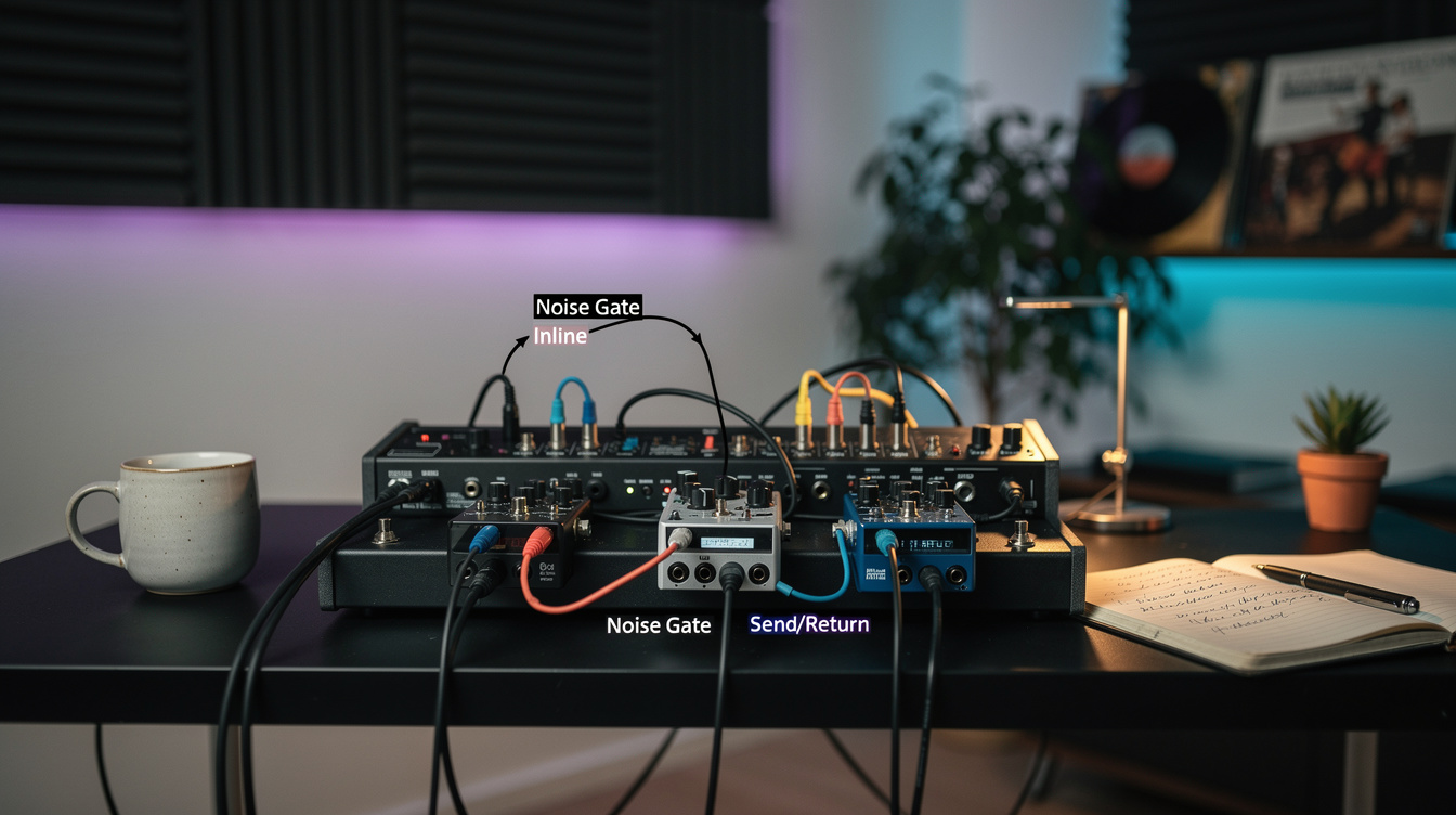 A noise gate pedal wired with four cables into an amp's input and effects loop send and return, showing the send/return detector routing