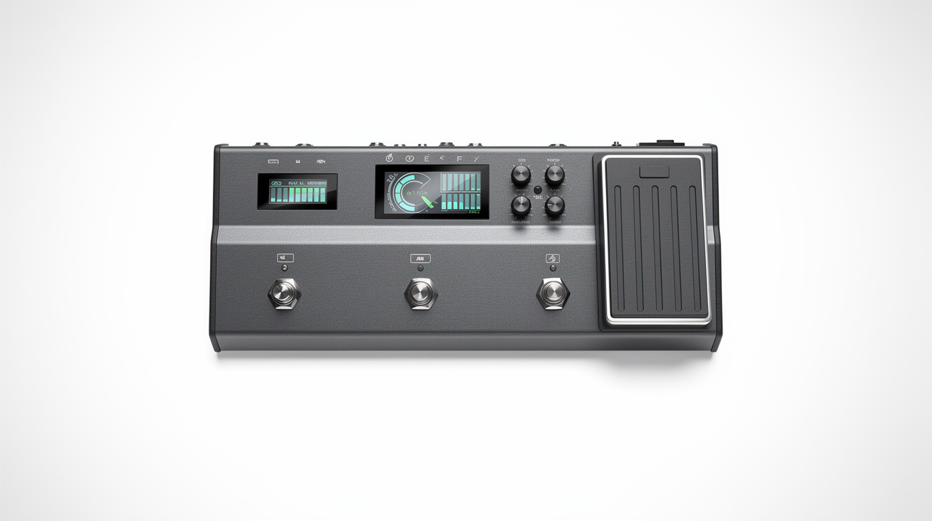 A dark grey floor multi-effects unit with two lit screens, four control knobs, three footswitches and a built-in expression pedal, photographed straight on against a plain white background