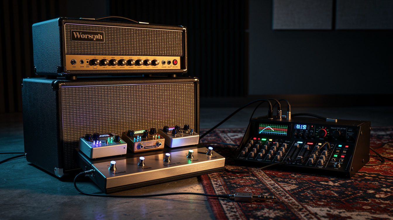 A modeler floor unit and a PA speaker on a church stage, warm amber light, the high-frequency edge suggested by sharp cool highlights along the speaker horn